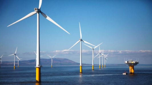 Monopiles are the foundation structures on these wind turbines, seen here in yellow