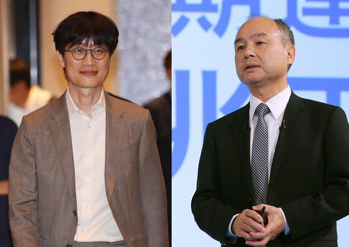 Naver　founder　and　global　investment　officer　Lee　Hae-jin　(left)　and　SoftBank　Group　founder　Masayoshi　Son