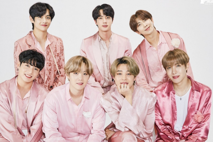 BTS, all dressed in pink