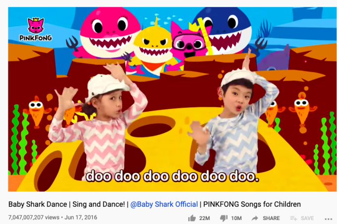 Baby　Shark　Dance　exceeds　over　7　billion　views　(Courtesy　of　Pinkfong!　Kids'　Songs　&　Stories　channel　on　Youtube)