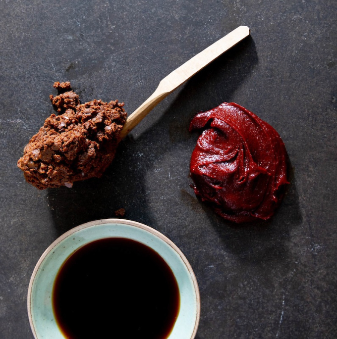 Three Korean mother sauces (clockwise: Doenjang, gochujang and ganjang) (Photo by Kristin Teig)