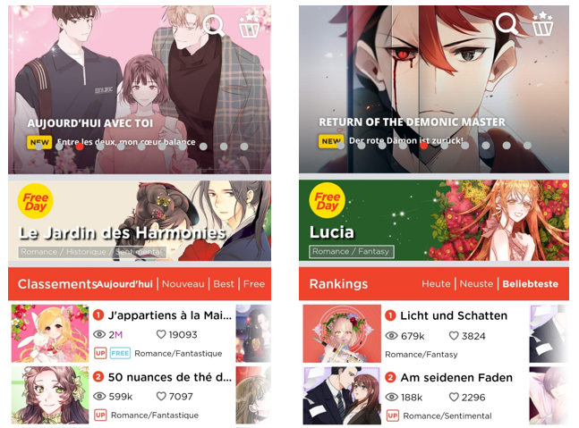 Delitoon offers Korean webtoons translated into French and German.