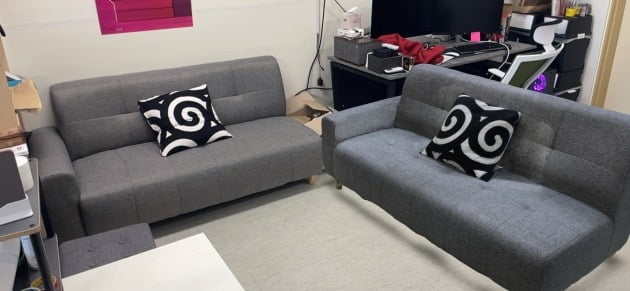 RECON Labs' web-based AR platform used to position sofas (Right: AR sofa)