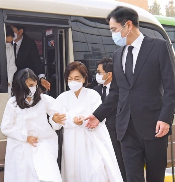 Lee　Boo-jin　(Hotel　Shilla　CEO,　left),　Hong　Ra-hee　(the　late　Lee's　wife,　center)　and　Jay　Y.　Lee　(right)　attend　Lee's　funeral　in　October　2020