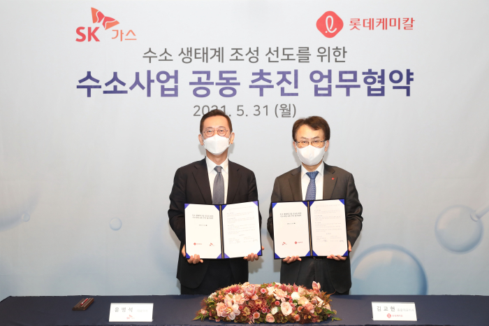 SK　Gas　CEO　Yoon　Byung-suk　(left),　Lotte　Group's　head　of　the　chemical　business　unit　Kim　Gyo-hyun　(right).