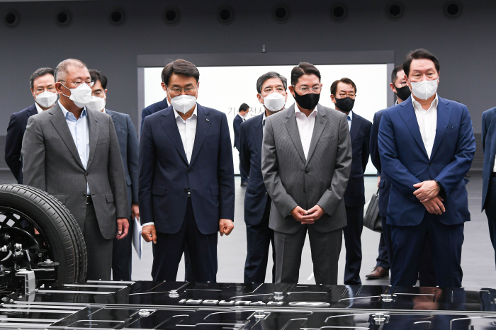 Leaders　of　Hyundai,　POSCO,　Hyosung　and　SK　(from　left)　agree　to　launch　a　Korean　hydrogen　council.
