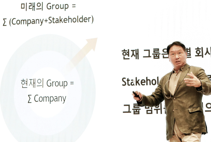 SK　Group　Chairman　Chey　Tae-won　speaking　at　the　2021　SK　Extended　Management　Meeting　on　June　22.