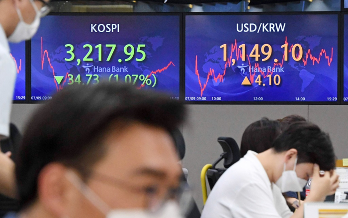 Hana　Bank　headquarters'　dealing　room　in　Myeong-dong,　Seoul,　on　July　9.