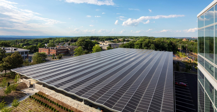 Solar panels on the roof of LG Electronics' new US plant
