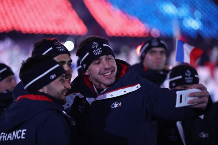 French athletes holding Galaxy Note 8 Pyeongchang 2018 Limited Edition at the 2018 Olympics.