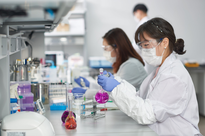 Researchers at South Korean botox maker Hugel test chemical solutions