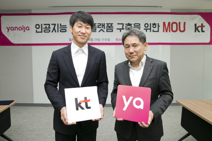 Yanolja founder Lee Su-jin (left) and KT Marketing Director Lee Pil-jae in 2018 at an AI MOU signing ceremony.
