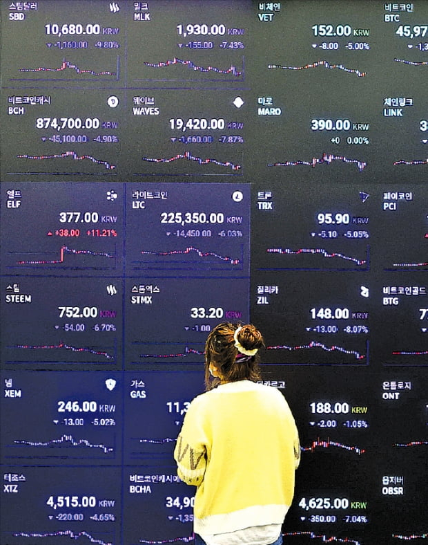 An　investor　looks　at　cryptocurrency　prices　at　Upbit　lounge　in　Gangnam,　Seoul.