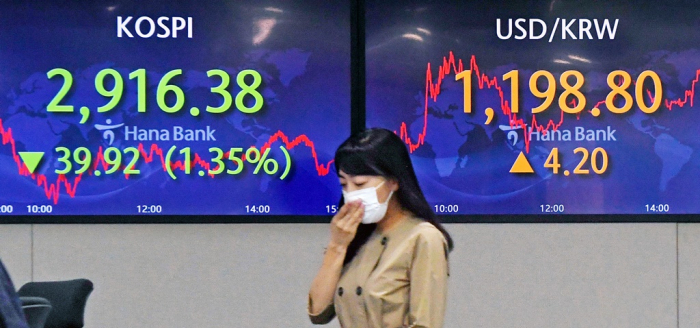 Hana　Bank　headquarters'　dealing　room　in　Myeong-dong,　Seoul,　on　Oct.　12