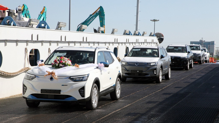 The Korando e-Motion, Ssangyong’s first electric vehicle, loaded for export to Europe
