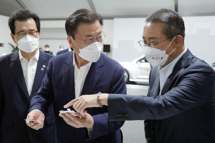 LG Corp. co-CEO Kwon Young-soo (far right) speaks about its lithium-ion batteries to President Moon Jae-in (center) at LG Energy Solution's plant in Ochang, South Korea, July 2021