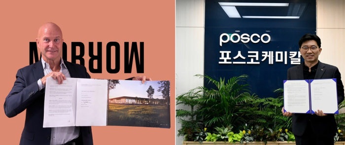 Morrow Batteries CEO Terje Andersen and Chung Dae-hun, head of POSCO Chemical’s energy material business unit, sign an MOU on the development and supply of battery materials (Courtesy of POSCO Chemical)
