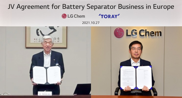 Toray　CEO　Akihiro　Nikkaku　(left)　and　LG　Chem　CEO　Shin　Hak-cheol　sign　an　agreement　through　video　conference　Oct.　27　to　establish　LG　Toray　Hungary　Battery　Separator　Kft　JV　(Courtesy　of　LG　Chem)