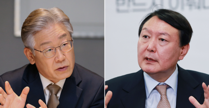 The　ruling　Democratic　Party's　Lee　Jae-myung　(left),　People　Power　Party's　Yoon　Seok-youl　(right)