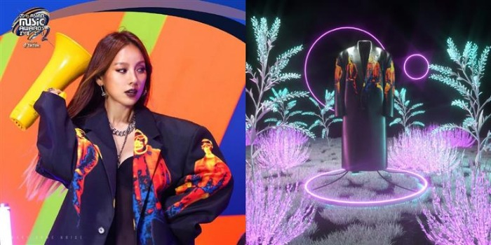 Lee Hyori (left) clad in OFOTD in MAMA teaser video. On right, part of OFOTD's meta fashion collection.