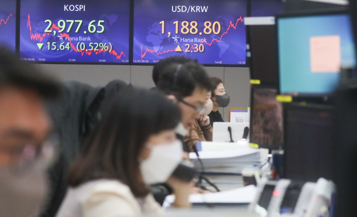 Hana　Bank　headquarters'　dealing　room　on　Dec.　30　in　Myeong-dong,　Seoul