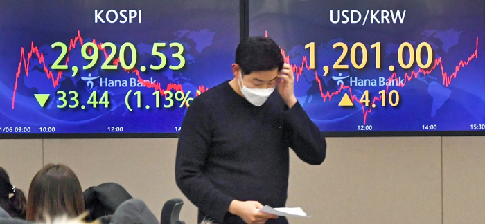 Hana　Bank　headquarters'　dealing　room　in　Myeong-dong,　Seoul,　on　Jan.　6