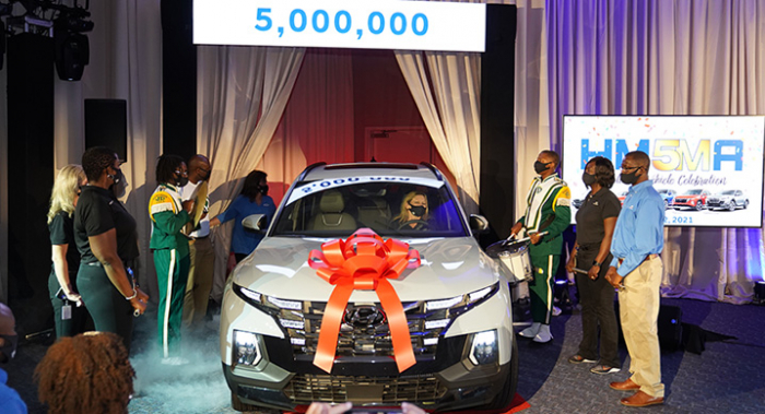 Hyundai celebrates its 5 millionth vehicle, a Santa Cruz, built at its assembly plant in Montgomery, Alabama