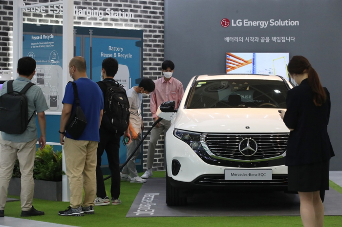 LG Energy Solution exhibits its EV battery at a battery fair in Seoul in 2021