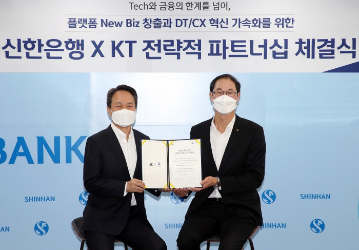 Shinhan　Bank　CEO　Jin　Ok-dong　(left)　signs　strategic　partnership　with　KT　President　Park　Jong-ook　(right)