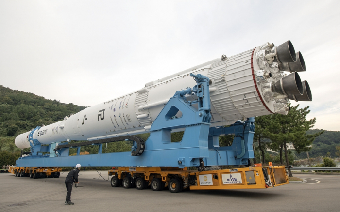 Korea's first homegrown space rocket, Nuri, is transported to a launch pad