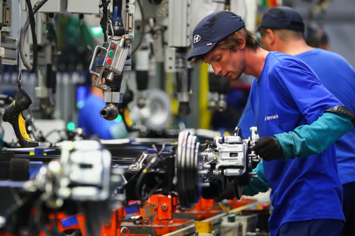 An assembly line at Hyundai Motor's Russian plant in St. Petersburg