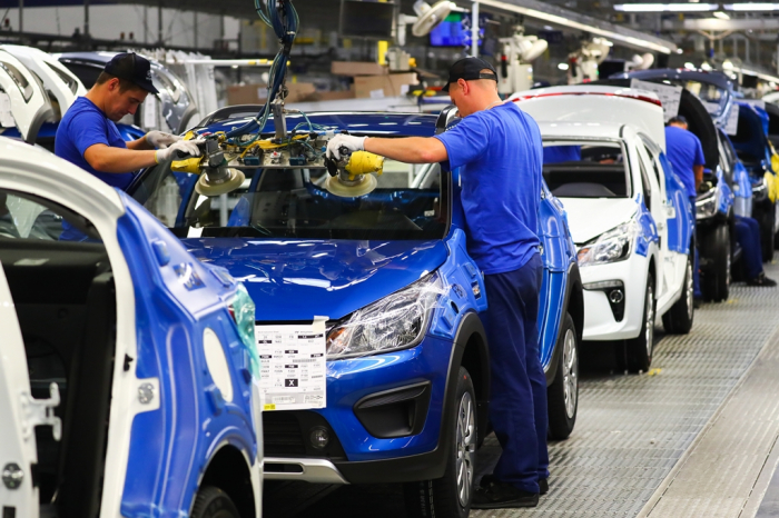 An assembly line at Hyundai Motor's Russian plant in St. Petersburg