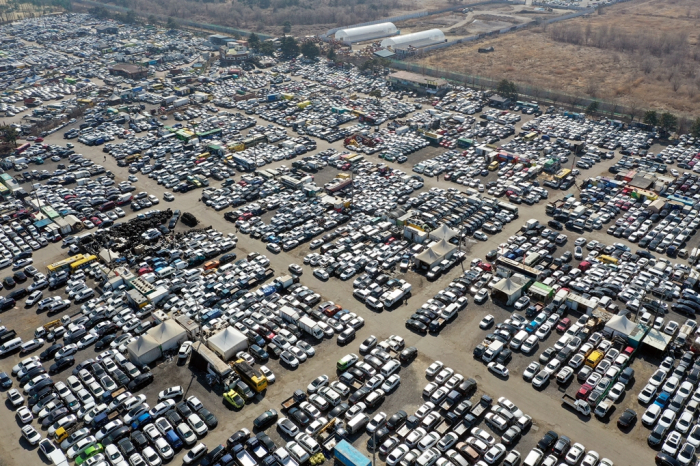 Used cars parked at a lot near Incheon Port for export