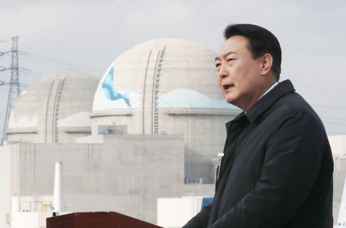 President-elect Yoon Suk-yeol gives a speech at the construction site of nuclear power plants shelved over the past few years in March 2022