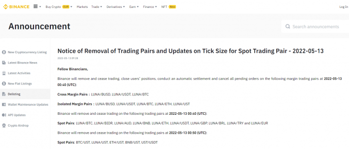 Screenshot　of　Binance　announcement　on　Luna　and　UST　delistings