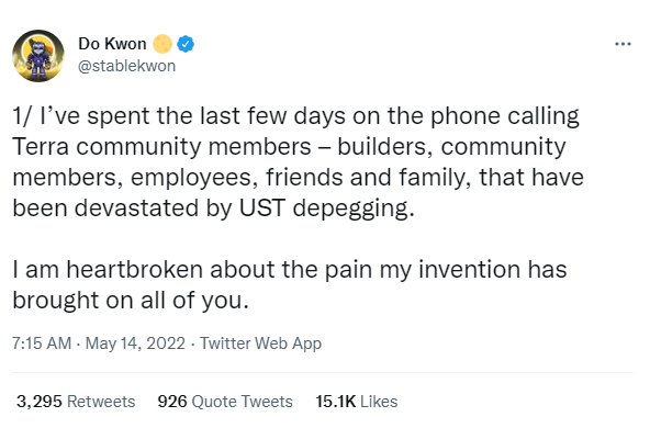 Screenshot of Do Kwon's tweet after Luna/UST become worthless