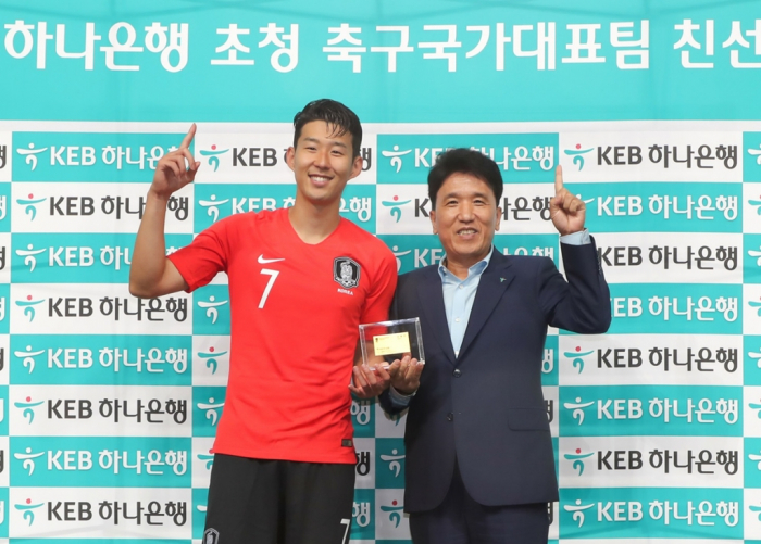 Tottenham Hotspur forward Son Heung-min (left) and Hana Financial Group Chairman Ham Young-joo