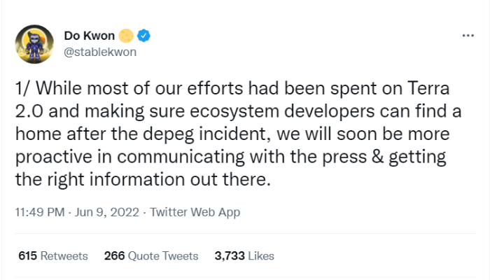 Screenshot　of　Terraform　Labs　founder　Do　Kwon's　tweet　following　a　brief　period　of　making　the　account　private