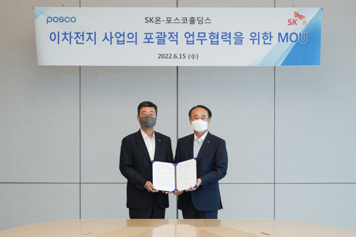 SK On CEO Jee Dong-seob (left) and POSCO Holdings VP Yoo Byeong-og sign a battery cooperation MOU