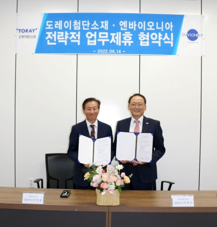 Han　Jeong-cheol　(left),　CEO　of　Envioneer,　and　Jeon　Hae-sang,　CEO　of　Toray　Advanced　Materials　Korea　on　June　14,　2022