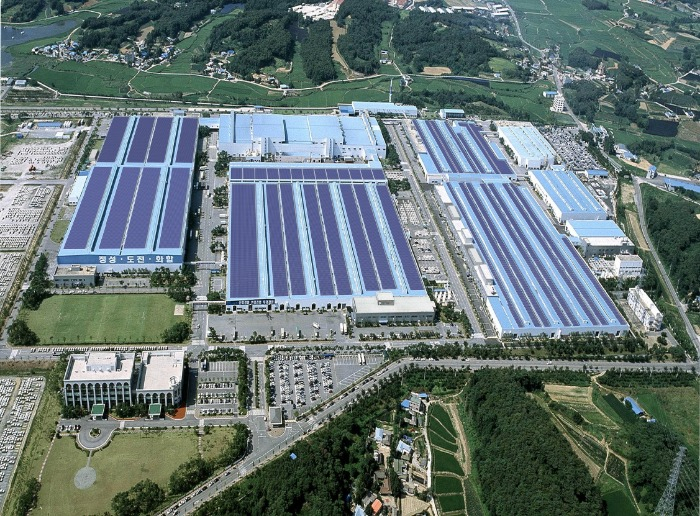 Solar　panels　installed　on　the　roofs　of　Hyundai　Motor's　production　lines　in　Asan,　South　Chungcheong　Province　(Courtesy　of　Hyundai)