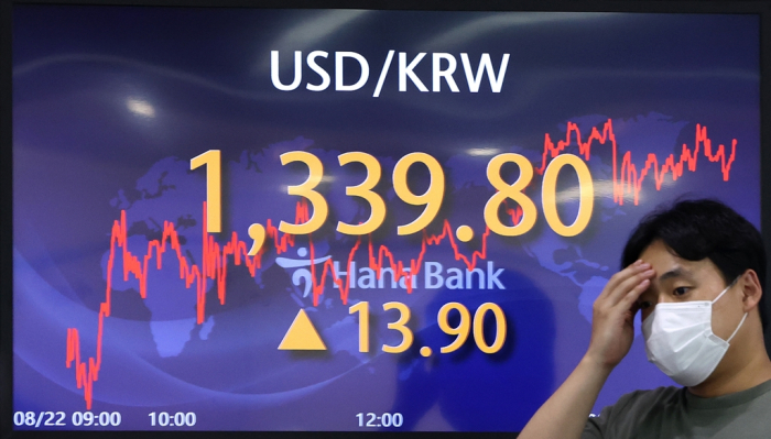 Hana Bank's dealing room in central Seoul on Aug. 22, 2022. The won closed the domestic currency market at 1,339.8 against the US$ after hitting its weakest level since April 29, 2009 (Courtesy of Yonhap)