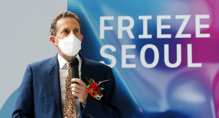 Frieze CEO Simon Fox speaks during a news conference. in Seoul on Sept. 2