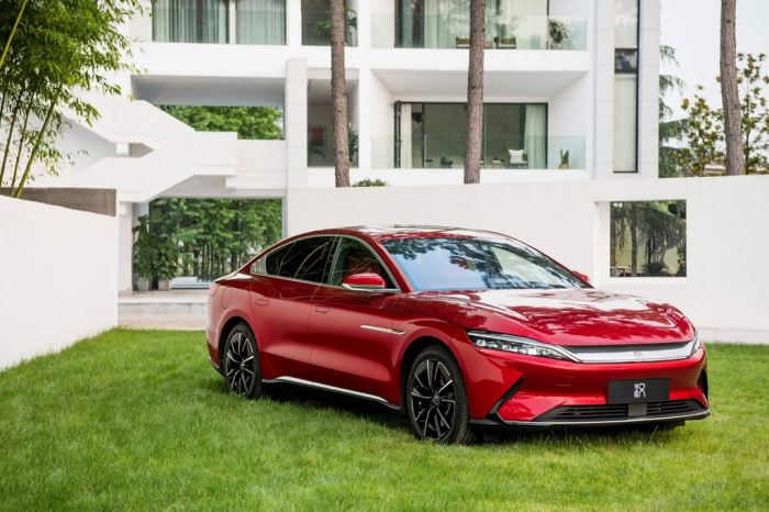 The BYD Han, a mid-size Chinese luxury sedan, is available in an all-electric variant and a plug-in hybrid (PHEV)