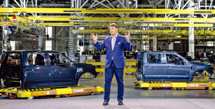 Ford Motor CEO Jim Parley during the Ford F-150 Lightning launch event at the Rouge Electric Vehicle Center in Dearborn, Michigan