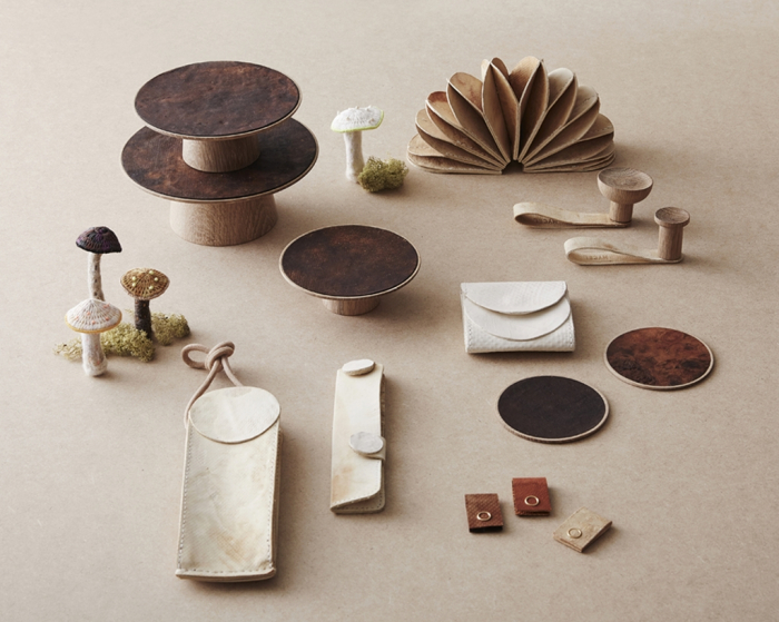 Products of Mycel, a Hyundai Motor Group spin-off that manufactures eco-friendly alternative leather. Energy-to-retail conglomerate GS Group’s corporate venture capital unit invests in the startup (Courtesy of Mycel)