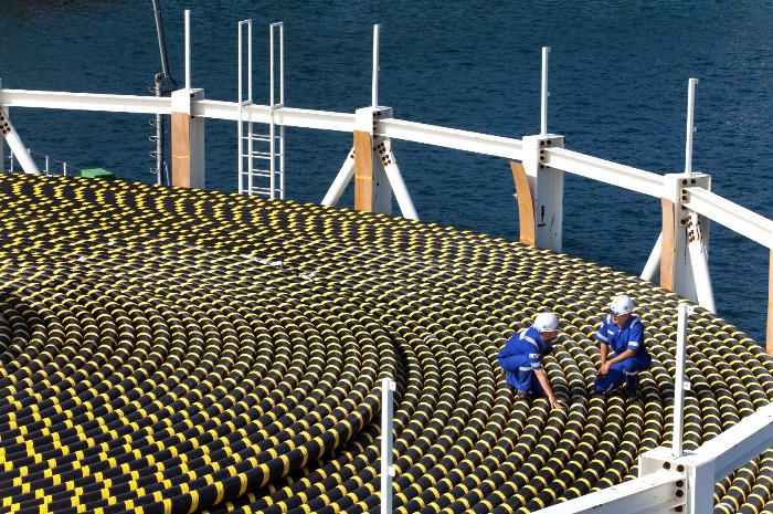 LS　Cable　&　System　workers　load　submarine　cables　onto　a　ship