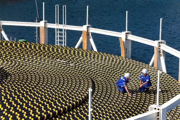 LS Cable & System workers load submarine cables onto a ship