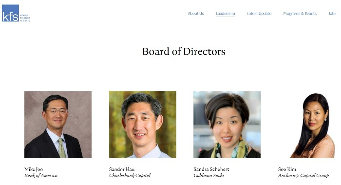 Korea　Finance　Society’s　board　of　directors　as　shown　on　the　official　website