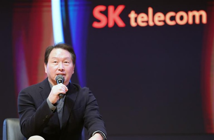 SK Group Chairman Chey Tae-won speaking at the 10-year anniversary of Demo Day at SparkLabs in Seoul on Nov. 3